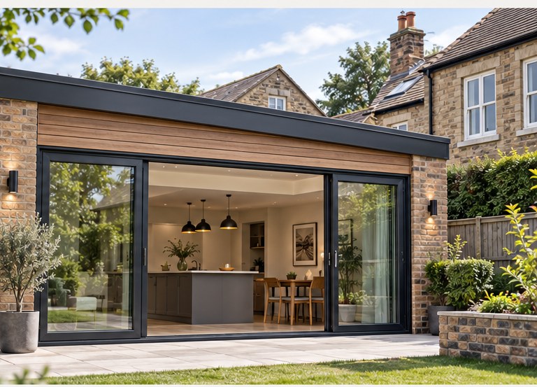 Illustrative modern rear extension with open-plan kitchen and garden patio