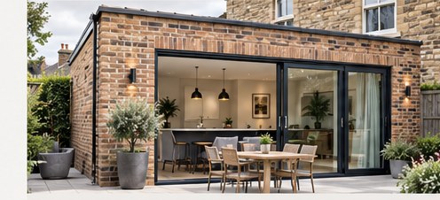 Illustrative modern brick house extension with sliding glass doors onto a patio