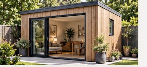 Illustrative timber-clad garden room with large glass doors