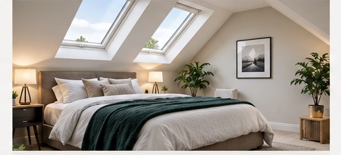 Illustrative bright loft conversion bedroom with skylights